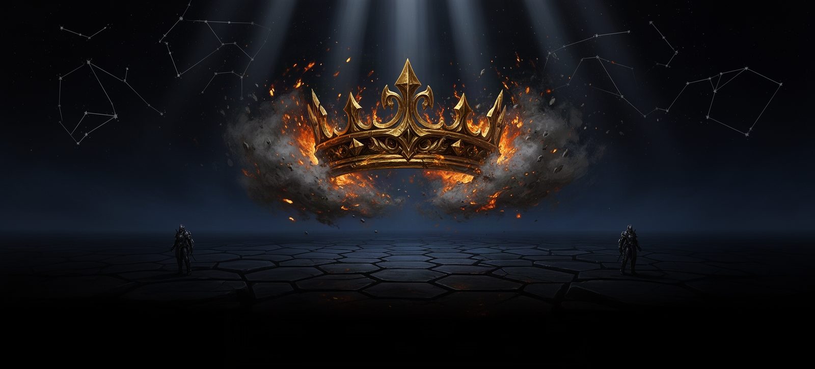 A burning gold crown above a dark hexagonal battlefield, two armoured figures at its edges.